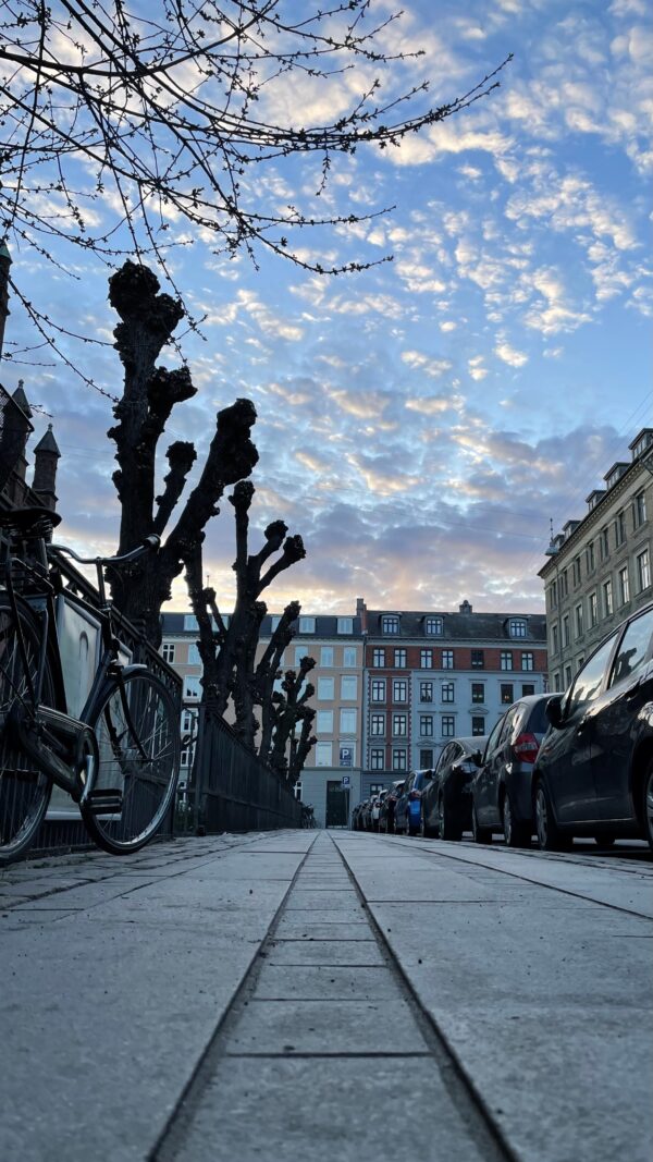 Gade på Vesterbro set fra asfalten op mod den opgående sol
